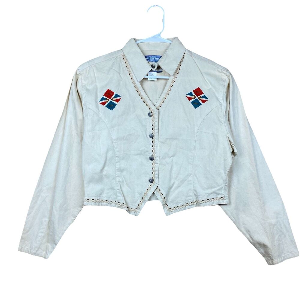 Wrangler Western Wear Women’s Embroidered Cropped Button Shirt Jacket M Beige